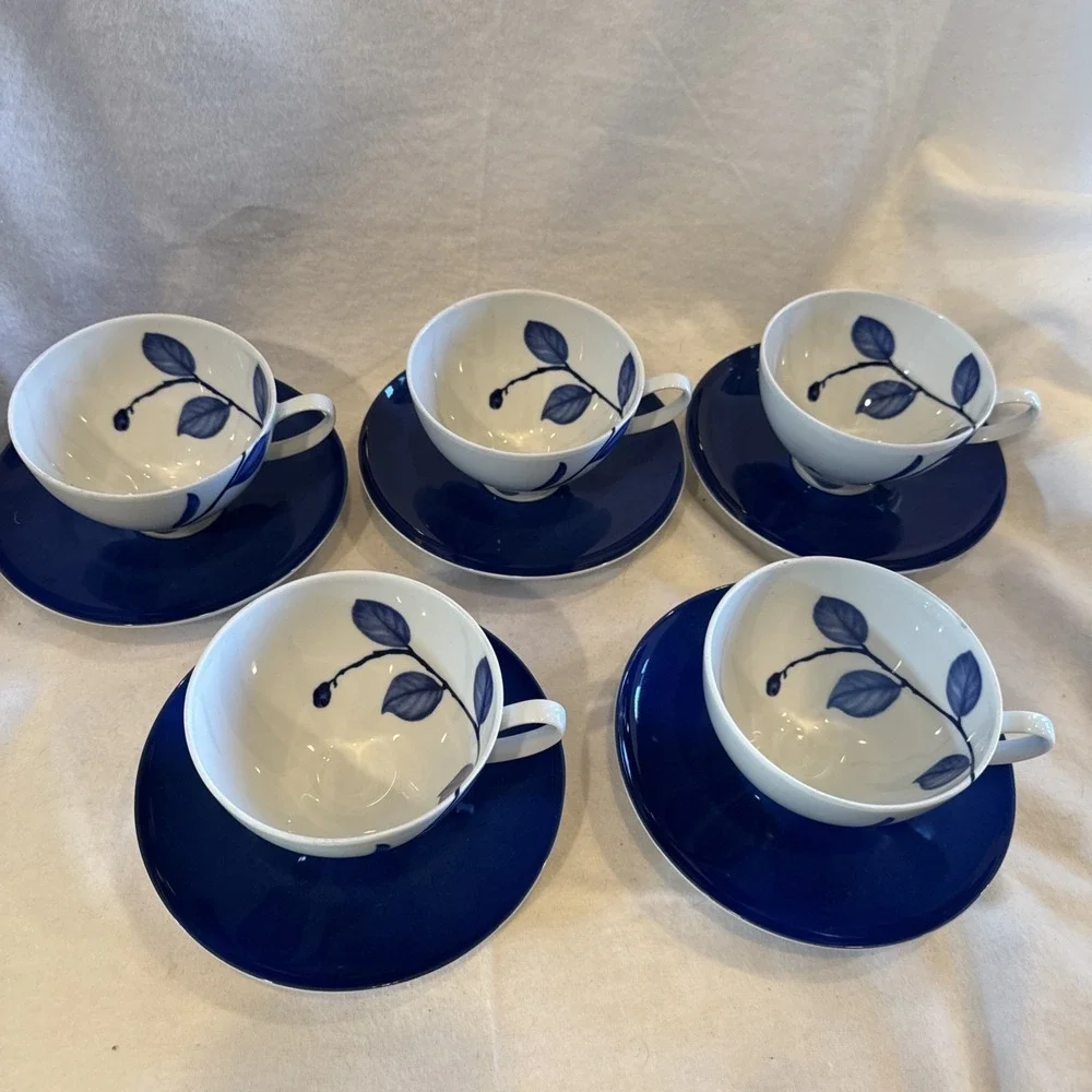 Set Of 5 Mikasa True Blue SL130 Coffee‎ / Tea Cup & Saucer 10 Ou Cobalt Leaf
